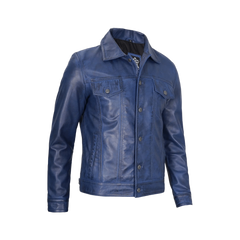 Men's Real Lambskin Leather Blue Trucker Jacket
