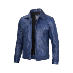 Mens Real Lambskin Leather Blue Trucker Jacket