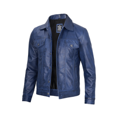 Men's Real Lambskin Leather Blue Trucker Jacket