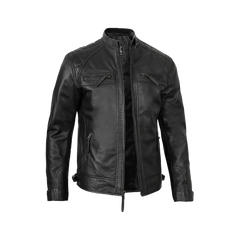 Men's Real Leather Cafe Racer Black Motorcycle Jacket