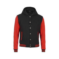 Men's Red and Black Varsity Letterman Jacket With Hood - Bomber Style