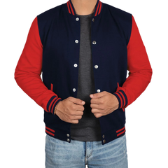 Men's Red and Navy Blue Varsity Jacket - Baseball Bomber Style