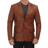 Men's Tall Cognac Brown Two Button Leather Blazer Jacket