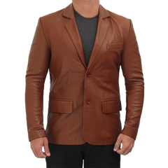 Men's Tall Cognac Brown Two Button Leather Blazer Jacket