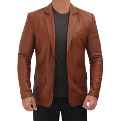 Men's Tall Cognac Brown Two Button Leather Blazer Jacket