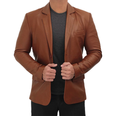 Men's Tall Cognac Brown Two Button Leather Blazer Jacket