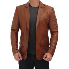 Men's Tall Cognac Brown Two Button Leather Blazer Jacket
