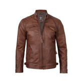 Men's Tall Cognac Cafe Racer Leather Jacket