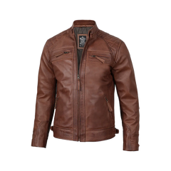 Men's Tall Cognac Cafe Racer Leather Jacket