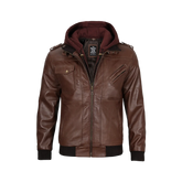 Men's Tall Dark Brown Leather Bomber Jacket With Hood