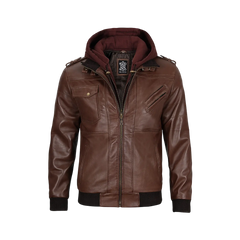 Men's Tall Dark Brown Leather Bomber Jacket With Hood