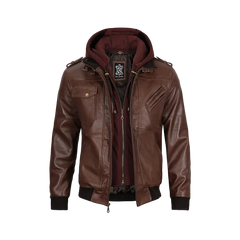 Men's Tall Dark Brown Leather Bomber Jacket With Hood