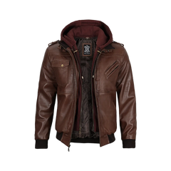 Men's Tall Dark Brown Leather Bomber Jacket With Hood