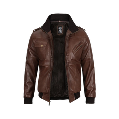 Men's Tall Dark Brown Leather Bomber Jacket With Hood