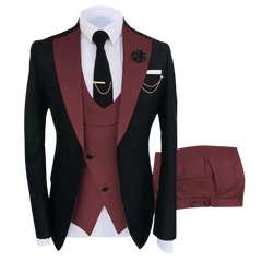 Men's Three Piece Black and Maroon Tuxedo