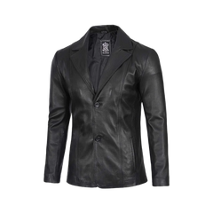 Men's Two Button Black Leather Blazer