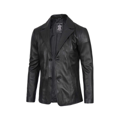 Men's Two Button Black Leather Blazer