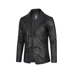 Men's Two Button Black Leather Blazer