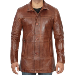 Men's Vintage Cognac Leather Car Coat