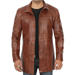 Men's Vintage Cognac Leather Car Coat