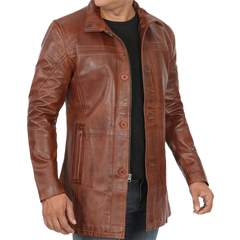 Men's Vintage Cognac Leather Car Coat