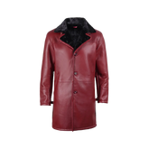 Men's Winter Burgundy Leather with Black Shearling Long Coat