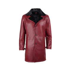 Men's Winter Burgundy Leather with Black Shearling Long Coat