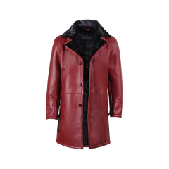 Men's Winter Burgundy Leather with Black Shearling Long Coat