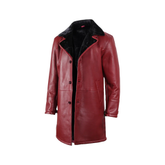 Men's Winter Burgundy Leather with Black Shearling Long Coat