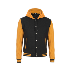 Men's Yellow and Black Varsity Letterman Jacket with Hood