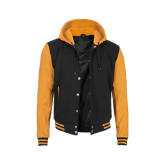 Men's Yellow and Black Varsity Letterman Jacket with Hood