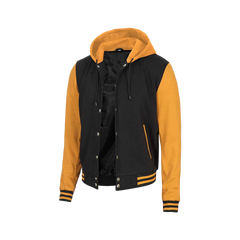Men's Yellow and Black Varsity Letterman Jacket with Hood
