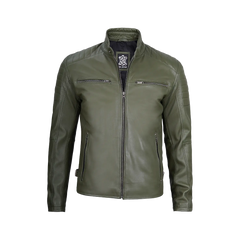 Military Green Cafe Racer Leather Jacket for Men