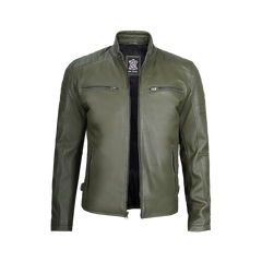 Military Green Cafe Racer Leather Jacket for Men