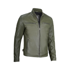 Military Green Cafe Racer Leather Jacket for Men