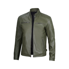 Military Green Cafe Racer Leather Jacket for Men