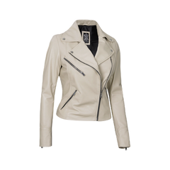 Ninfa Women Moto Style Beige Real Leather Jacket