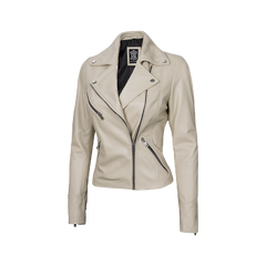 Ninfa Women Moto Style Beige Real Leather Jacket
