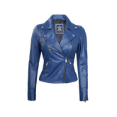 Ninfa Women Moto Style Blue Real Leather Jacket