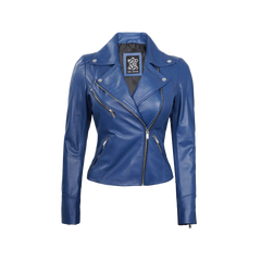 Ninfa Women Moto Style Blue Real Leather Jacket