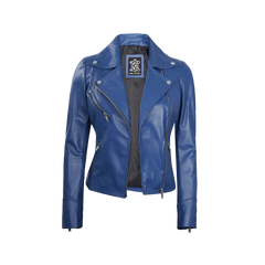Ninfa Women Moto Style Blue Real Leather Jacket