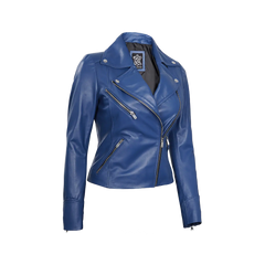 Ninfa Women Moto Style Blue Real Leather Jacket