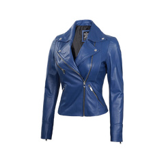 Ninfa Women Moto Style Blue Real Leather Jacket