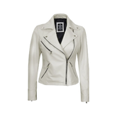 Ninfa Women Moto Style Off White Real Leather Jacket