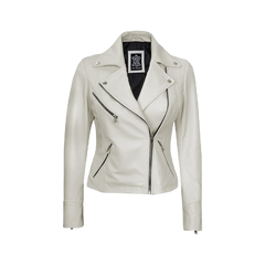 Ninfa Women Moto Style Off White Real Leather Jacket