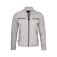 Off White Grey Wax Cafe Racer Leather Jacket for Men