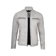 Off White Grey Wax Cafe Racer Leather Jacket for Men