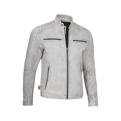Off White Grey Wax Cafe Racer Leather Jacket for Men