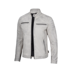 Off White Grey Wax Cafe Racer Leather Jacket for Men