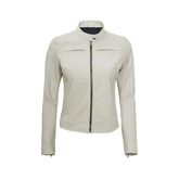 Off White Leather Cafe Racer Jacket for Women